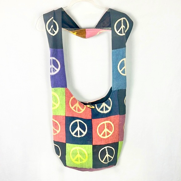 ☮️ Peace Signs Boho Patchwork Style Boho Hobo Hippie Festival Crossbody Bag - Picture 3 of 10